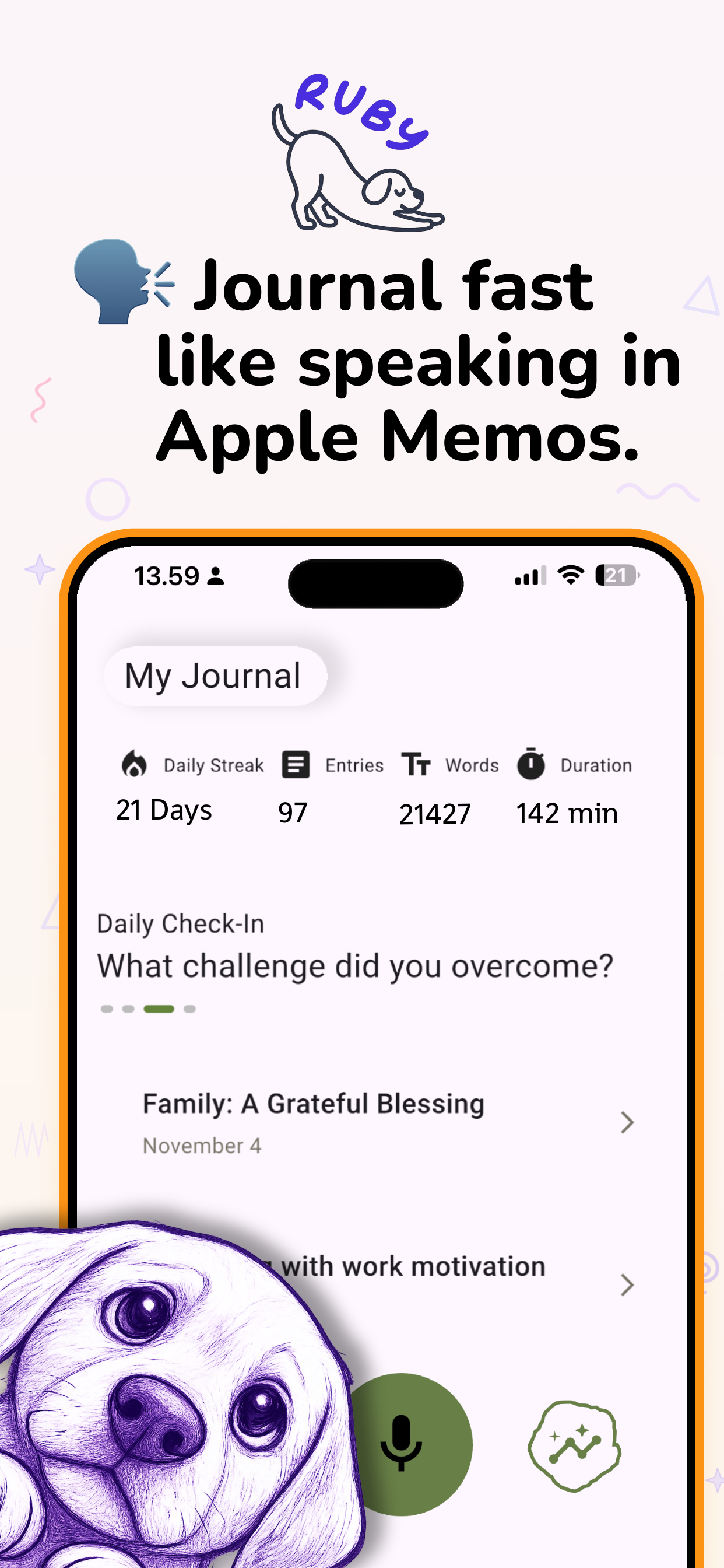 Ruby app screenshot showing the journal home screen