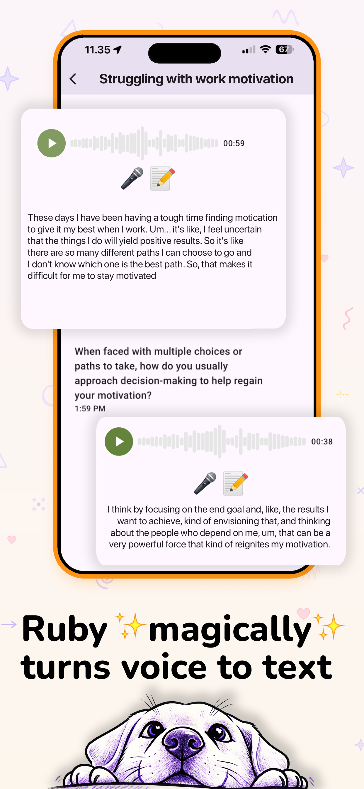Ruby app screenshot showing voice to text reflection